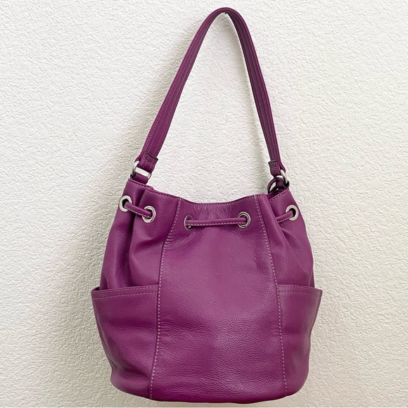 TIGNANELLO Purple Magenta Pebbled Leather Drawstring Tassel Bucket Shoulder Bag - Picture 3 of 16